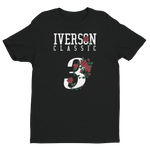 Black shirt featuring a 3 with roses and IVERSON CLASSIC is all capitol letters